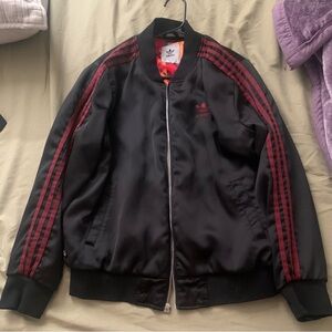 Adidas Men's Black and Burgundy Bomber Jacket